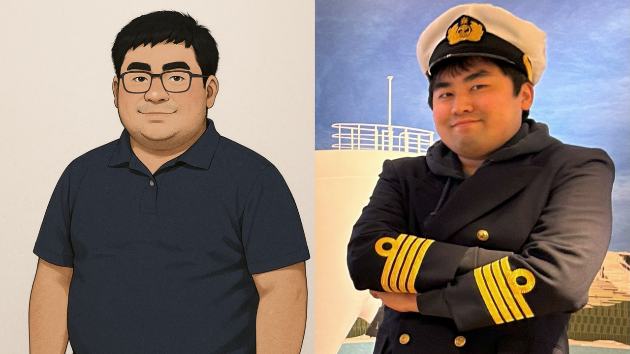 Copilot さんに描いてもらった僕の似顔絵イラストと実際の僕の写真との比較