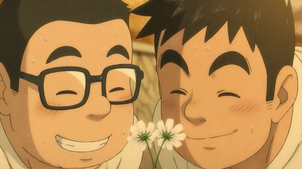 白いコスモスを前に嬉しそうな顔をしている2人のイラスト